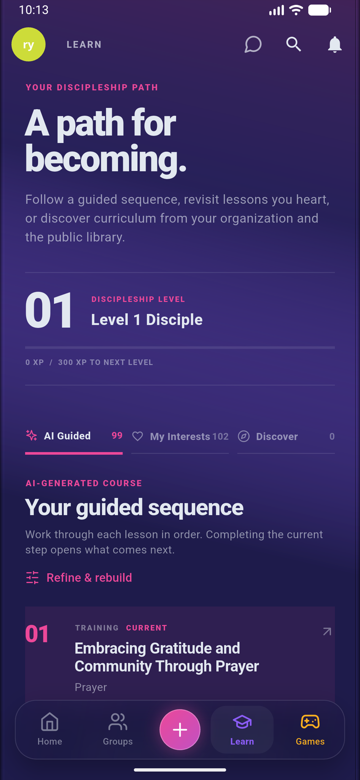 Personal discipleship path with AI Guided, My Interests, and Discover learning options