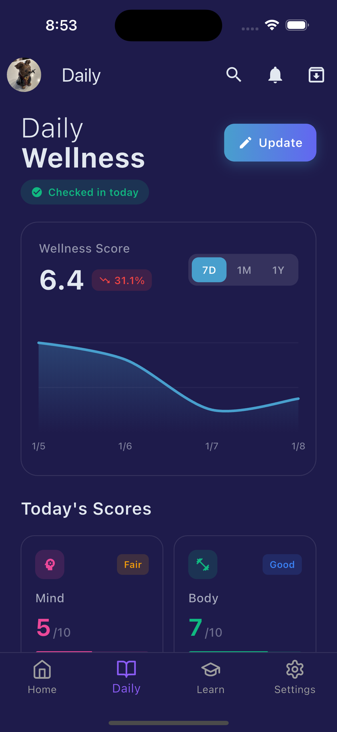 Disciply mobile daily wellness screen showing personal growth scores