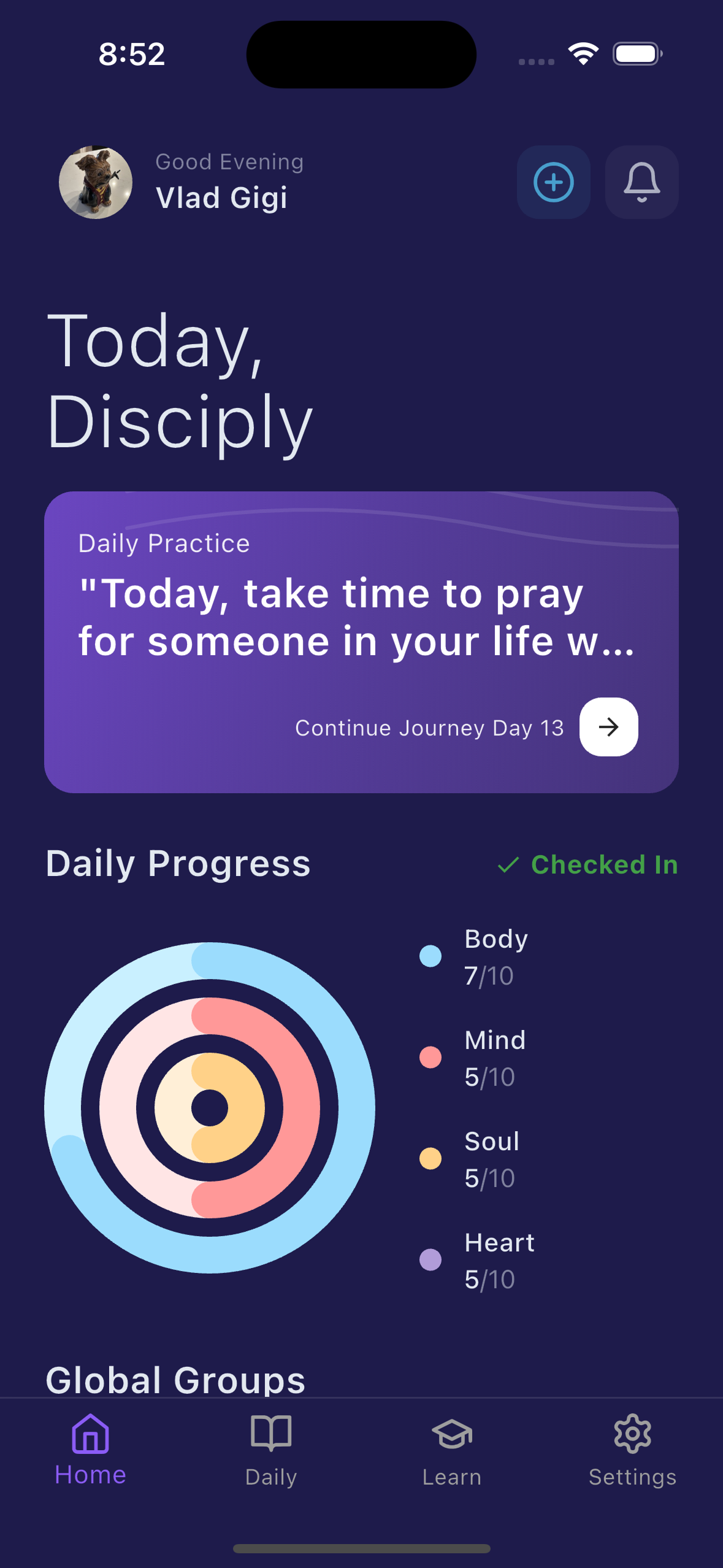 Disciply mobile home screen showing daily practice and progress